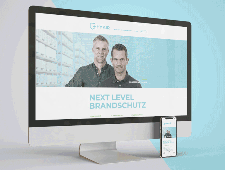 Animation von verschiedenen Screenshots, der HY.AIR-Website auf einem Apple Monitor und Handy