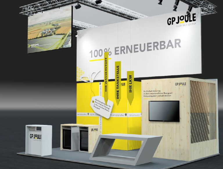 Renderin eines großen Messestand mit verschiedenen Elementen im Branding von GP JOULE
